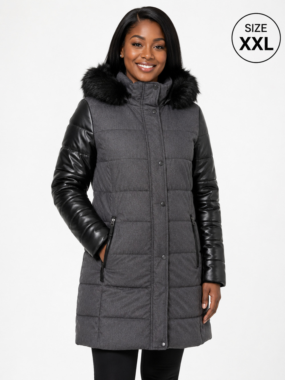 Womens XXL Calvin Klein gray Down Jacket Coat Faux Fur Lined Hood Trim